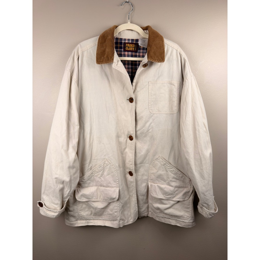 Vintage 90s Canvas Barn Jacket Corduroy Collar Plaid Lined Oversized L